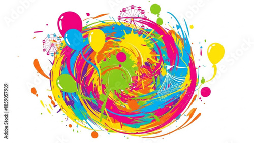 Vibrant colorful swirling paint splatters with balloons and ferris wheel elements