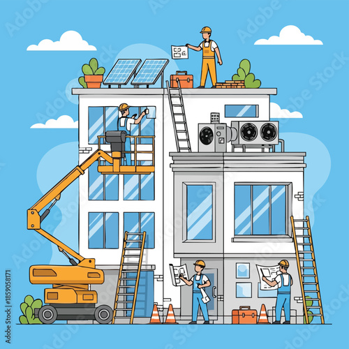 Construction Workers Installing Solar Panels on Building Rooftop.