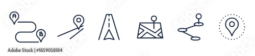 Navigation and route icons set for map locations, journey tracking, road directions, and destination points in travel applications