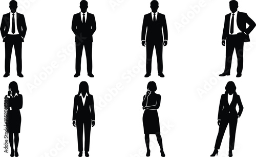 Business people silhouettes set, professional men and women standing poses, corporate office executives isolated black vector illustration