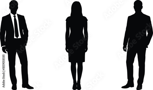 Business people silhouettes trio, professional man and woman standing front view poses, corporate office human figures isolated black vector