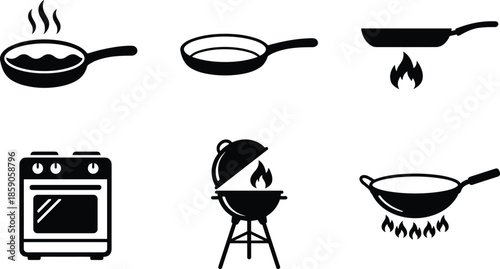 Cooking methods and cookware icons set, frying pan oven grill barbecue flame symbols, kitchen vector illustration isolated white