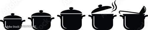 Cooking pot icons set, boiling saucepan with lid and ladle, kitchen cookware silhouettes, food preparation vector isolated white background illustration