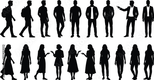 People silhouette collection set, men and women standing walking talking poses, casual and business human figures isolated black vector
