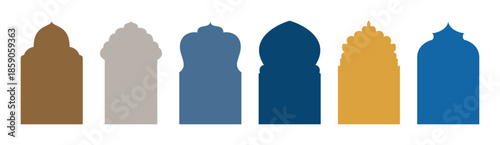 Shape Islamic door and window silhouette Arabic arch. Vector mosque gate shape isolated on transparent. Collection of doors arch in oriental style. Frames in Arabian Muslim design for Ramadan Kareem