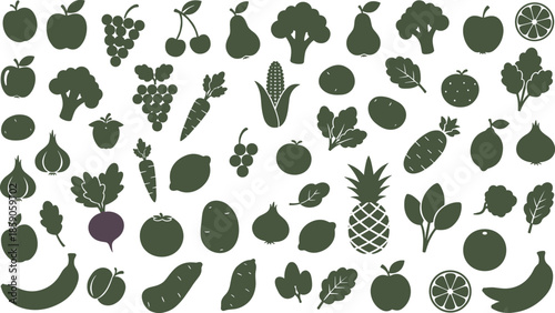 Green fruit and vegetable icons set, apple banana broccoli carrot grape pineapple, healthy food vector illustration isolated white