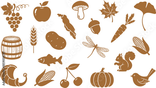 Autumn harvest silhouette icons set, apple grape mushroom pumpkin corn squirrel leaves, fall nature vector illustration isolated