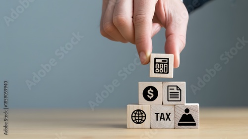 A close-up view of a hand carefully stacking wooden blocks with financial and tax-related icons, symbolizing strategic business planning and global economic management