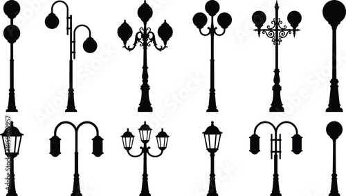 Street lamp silhouette collection with vintage and modern streetlight designs urban lighting elements isolated on white background illustration