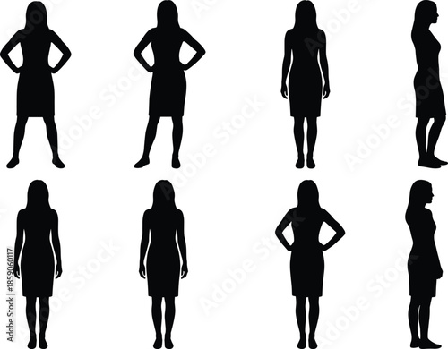 Woman silhouette poses collection, female standing front back side views, elegant body posture set isolated black vector illustration