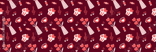 Cozy Romantic Pattern with Tulips, Cupcakes, and Musical Notes on Burgundy Valentines Day seamless pattern Long horizontal web cover banner, sale header, voucher template. Wedding, packaging, wrapping