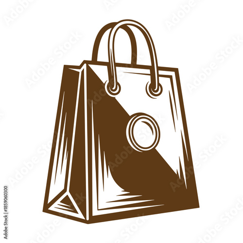 Vintage Brown shopping bag with handles and circular logo on front isolated on white background