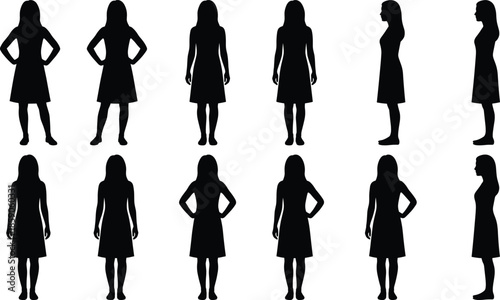 Woman silhouette poses set, female standing front back side views, elegant body posture collection isolated black vector illustration