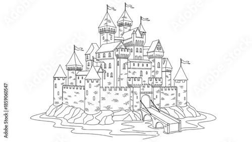 High-Quality Black Continuous Line Art of Medieval Castle with Towers and Walls