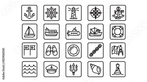 A collection of black and white line art icons depicting various maritime and nautical symbols, including anchors, ships, lighthouses, and sea-related objects.