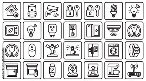 A comprehensive collection of black and white line icons representing various smart home devices and connected technology.