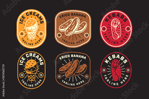 Ice cream cone, Fried banana snack, Kebab wrap, Street foods retro rustic badge patch logo design set for restaurant, cafes, fast food snack, culinary, pastry, bakery. Vector illustration