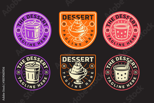 Panna cotta, pudding, ice cream sundae, bubble tea, cold desserts retro rustic badge patch logo design set for restaurant, cafes, bake shop, pastry, bakery, beverages, drinks. Vector illustration