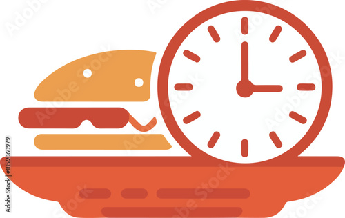 Time-Sensitive Meal Icon - Flat Design Burger and Clock Vector Graphic for Food Timing and Scheduling