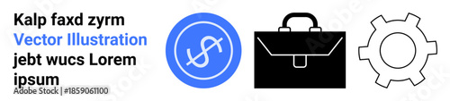 Dollar sign in blue circle, black briefcase, and gray gear focusing on work, finance, and process optimization. Ideal for business, finance, productivity, operations management startup simple
