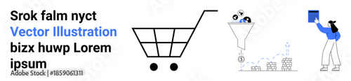 E-commerce, business strategy, data analytics, financial management, online shopping, sales optimization. Shopping cart, funnel chart with coins person reading data. E-commerce and business strategy