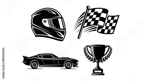 Vintage Racing Sport Vector Elements Set with Helmet Checkered Flag Muscle Car and Trophy