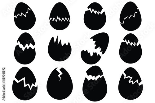 Easter egg vector icon set. Broken eggs icon set. Cracked eggs symbols. Vector illustration. Ester eggs shell. Broken Easter egg silhouette symbol elements. Ester eggs shell.