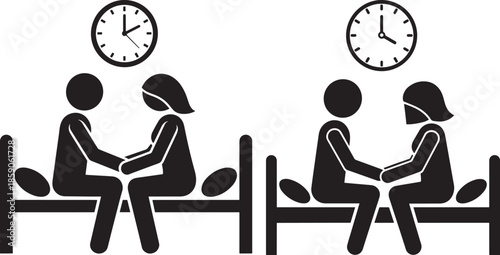 Couple sitting on bed holding hands with clocks above them