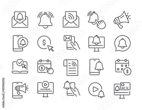 Notification Line Icons Vector Collection with Important Messages for Different Digital Devices and Social Media in Minimalist Style on White Background Exactly 200 Chars