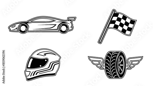 Motorsport Racing Speed Elements Black And White Icons Set