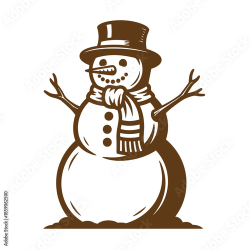 Vintage snowman wearing a hat and scarf standing on white background
