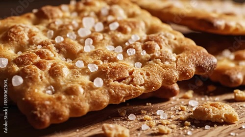 Close up of golden brown crackers with coarse salt on a wooden surface