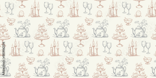 Elegant vintage-style seamless pattern featuring tea pots, tiered trays with sweets, candles, wine glasses, and Easter eggs in soft beige and gray on cream. Horizontal Easter banner