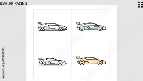 Modern Flat Design Racing Car Icons Set with Side Profile View