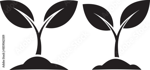 Two black seedlings growing from soil, simple graphic icon