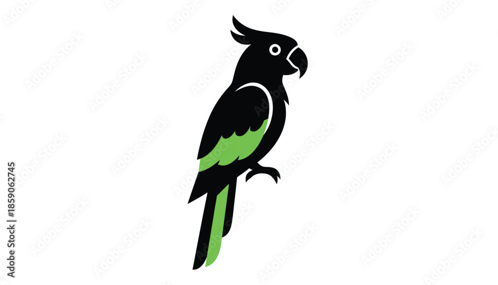 Fototapeta premium Minimalist parrot logo icon, black and green cockatoo vector illustration, tropical bird silhouette for branding and wildlife conservation identity
