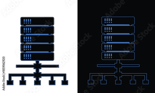 Network diagram showing a server rack and client connections for data processing or cloud services