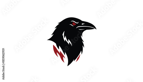 Black Crow Head with Red Eyes and Feathers