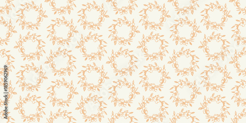 Elegant vintage-style seamless pattern featuring delicate hand-drawn floral wreaths with leaves and blossoms in warm beige on a soft cream background. Horizontal Easter banner