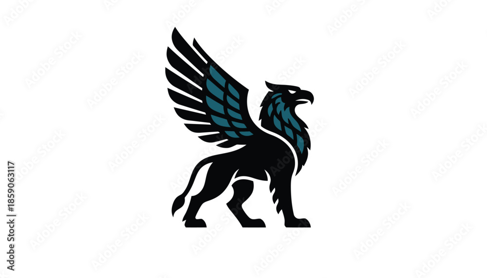 Fototapeta premium Majestic griffin logo icon, mythical creature with eagle wings and lion body, powerful heraldic gryphon mascot, teal and black vector illustration