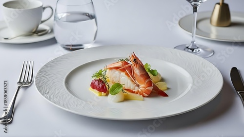 Gourmet seafood dish served on a white plate with elegant table setting.