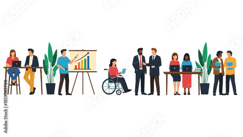 Diverse group of professionals collaborating and working together in a modern office environment with accessible features