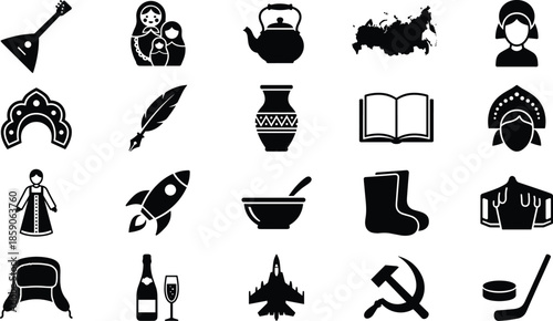 Russian culture and history icons set, traditional symbols folklore clothing literature space politics collection, minimal black vector design