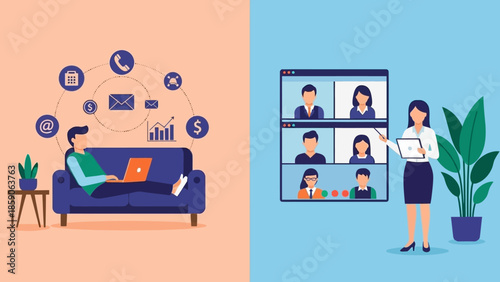 Remote work concept with online meetings and a person working from home on a laptop
