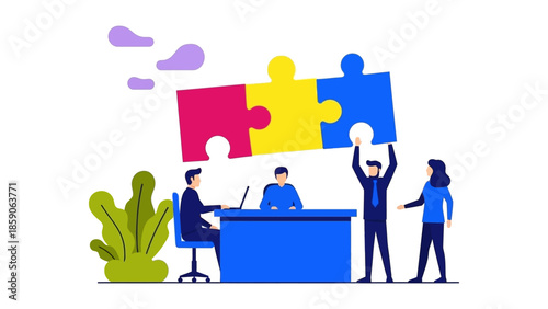 Business people assembling a large, colorful puzzle representing teamwork and collaboration in a modern office setting