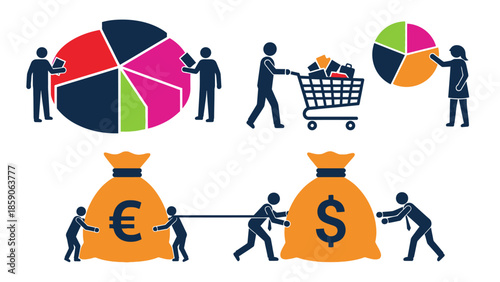 Conceptual illustration of financial and business analysis with pie charts, shopping cart, and money bags, symbolizing economic growth and investment strategies