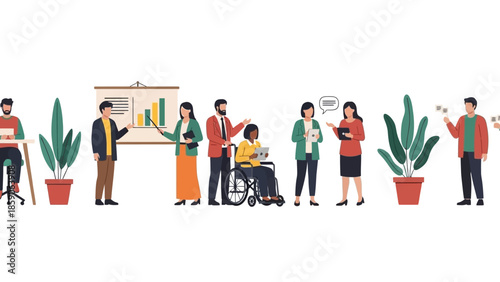 Diverse business team collaborating in office environment with plants and presentation board