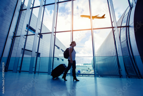 travel by flight, silhouette of passenger in airport, woman walking with luggage in airport, airplane flying in the sky on background