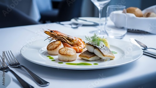 Gourmet seafood platter featuring grilled shrimp, scallops, and fish fillet with green sauce and garnish.