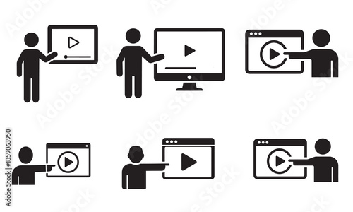 Icons representing stick figures interacting with screens to play video tutorials or online learning content